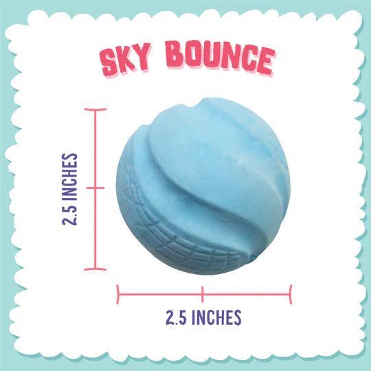 2.5 x 2.5 inches size of Snugarooz Sky Bounce Ballz Blue Dog Toy