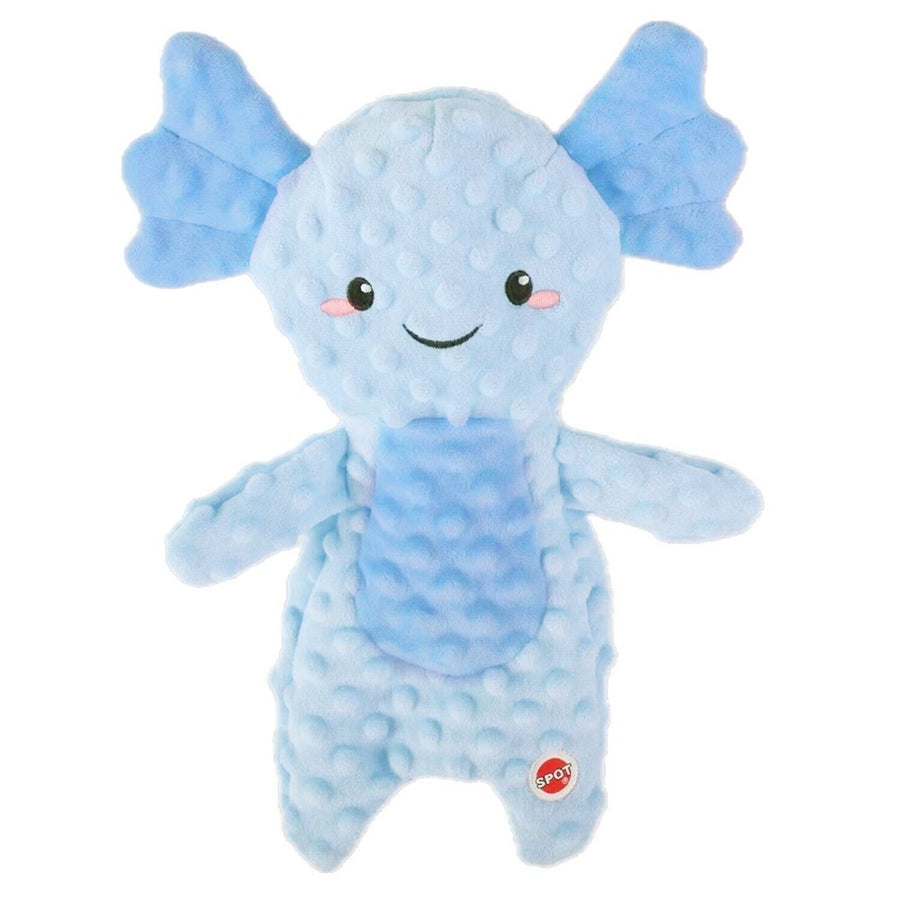 Blue axolotl plush toy with a smiling face on a white background