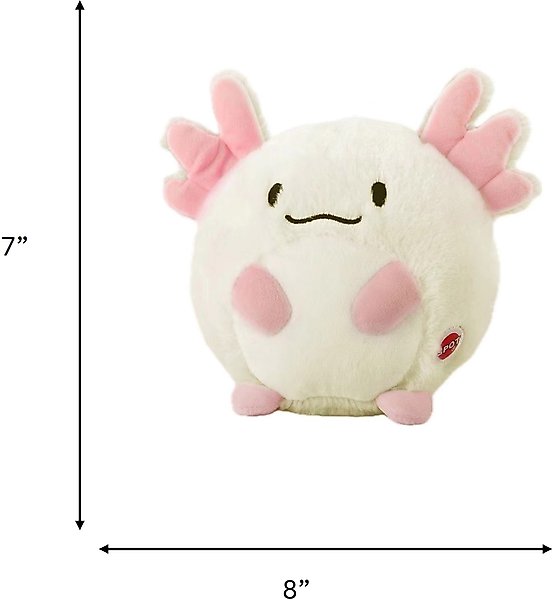 Plush axolotl toy with dimensions on a white background. 7" tall by 8" wide