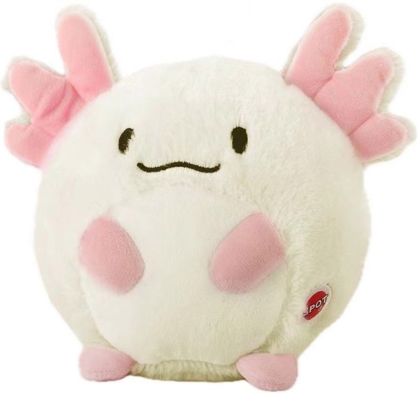 Cream Colored Plush toy axolotl with pink gills on a white background