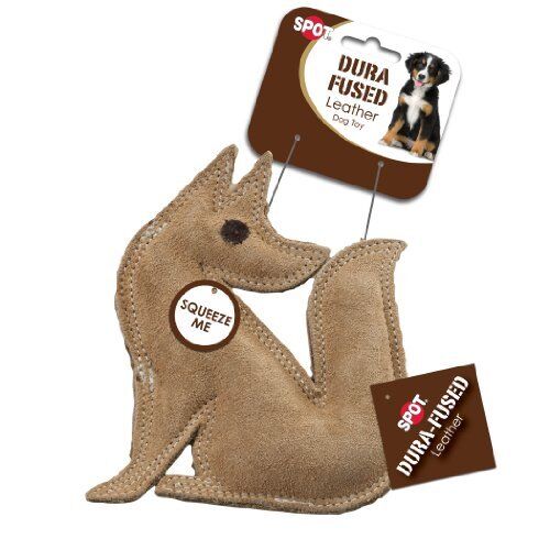 Front Packaging of Spot Dura-Fused Leather & Jute Fox Dog Toy