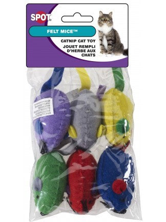 A pack of six  felt mouse-shaped toys - Spot Felt Mice with Catnip 6 Pack Cat Toys