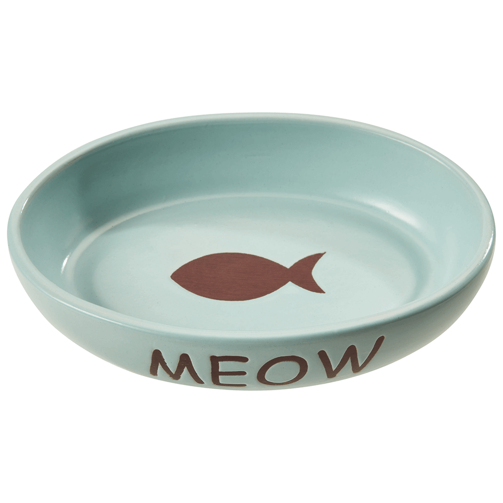 Spot Portofino Blue Oval 6-Inch Cat Dish with a Fish Design in the middle