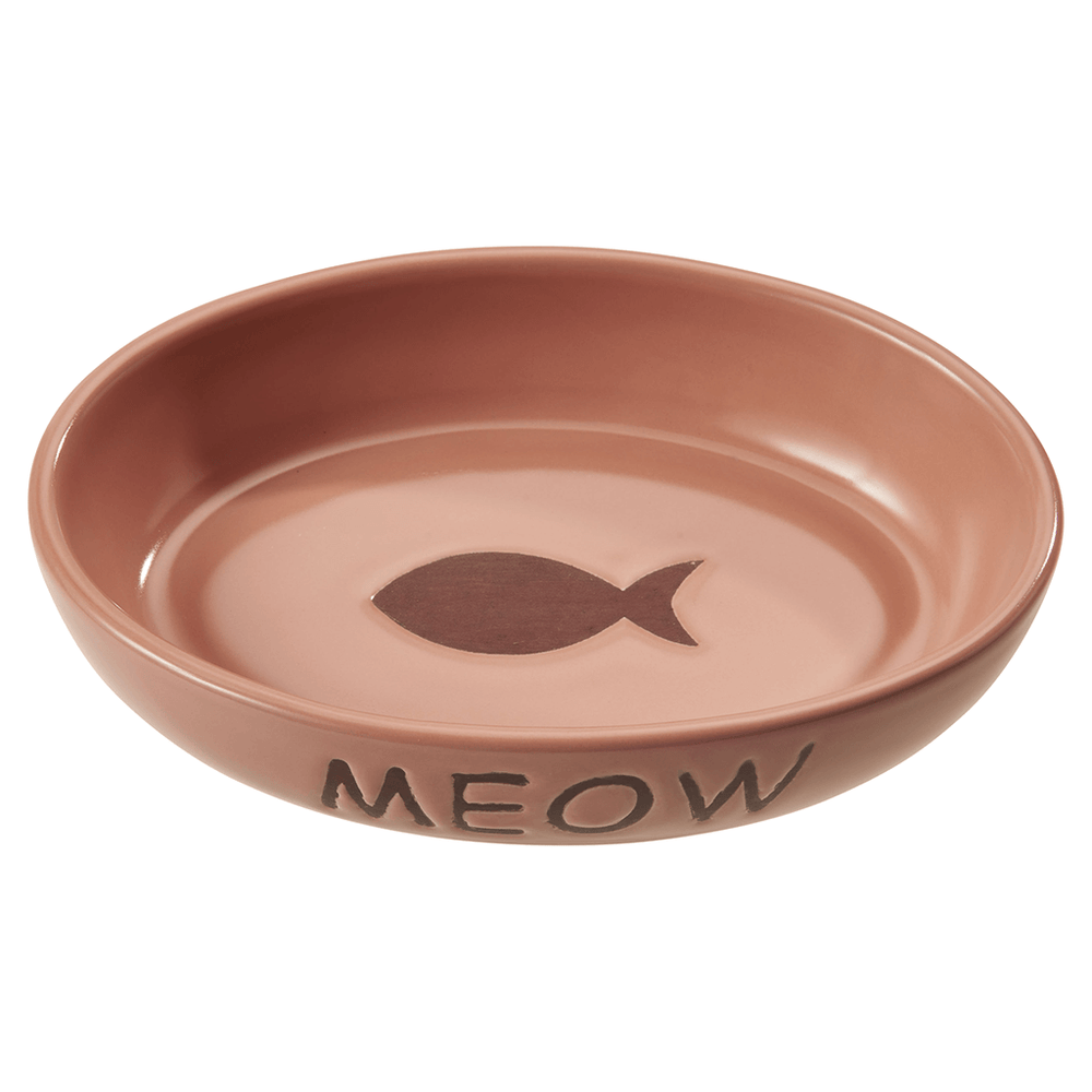 Full View of Spot Portofino Pink Oval 6-Inch Cat Dish with Fish Design in the middle