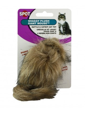 Shaggy plush giant mouse with a rattle and catnip item