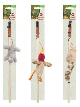 Three different stuffing-free plush designs of Spot Skinneeez Forest Friends Wand Cat Toy 