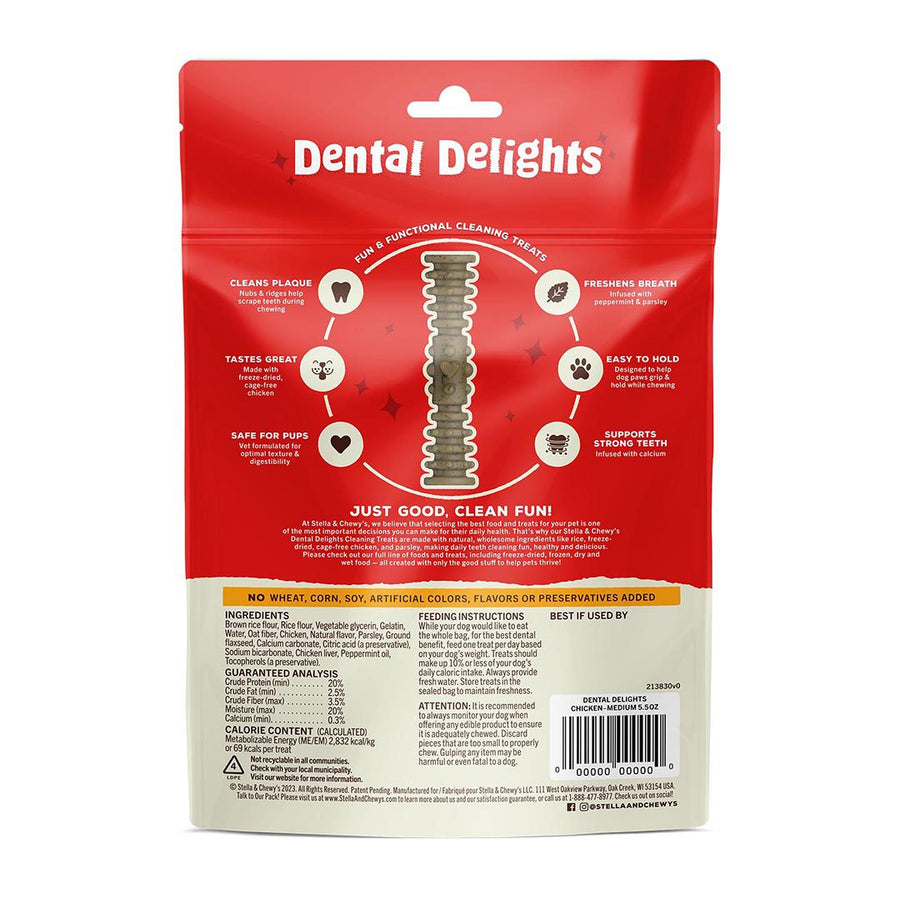 Back Pouch of Stella & Chewy's Medium Dental Delights Chicken & Parsley Flavor Dog Treats 5.5oz includes 7 Medium Treats