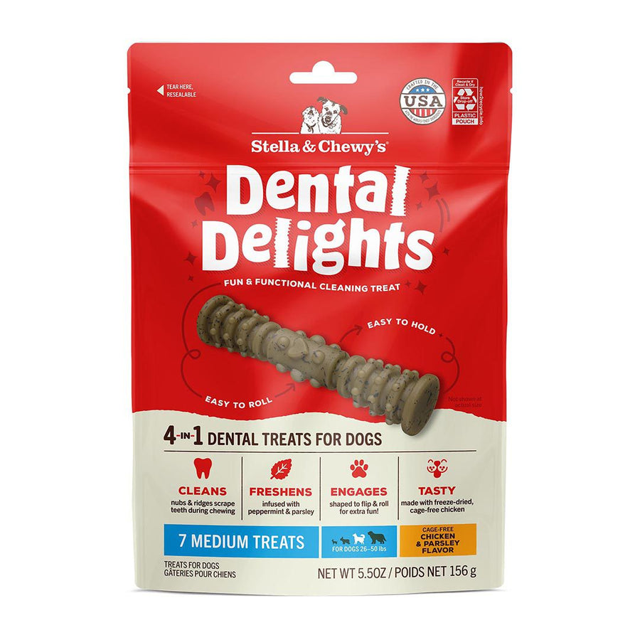 Front Pouch of Stella & Chewy's Medium Dental Delights Chicken & Parsley Flavor Dog Treats 5.5oz Medium Front