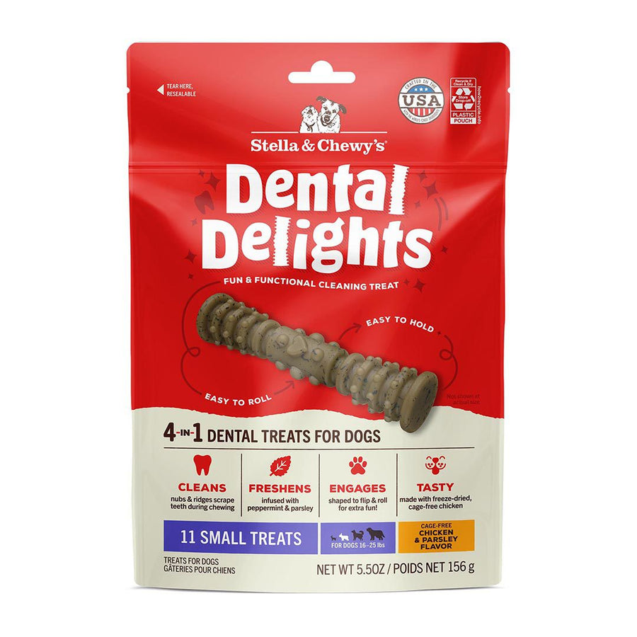Front pouch of Stella & Chewy's Small Dental Delights Chicken & Parsley Flavor Dog Treats 5.5oz includes 11 small treats