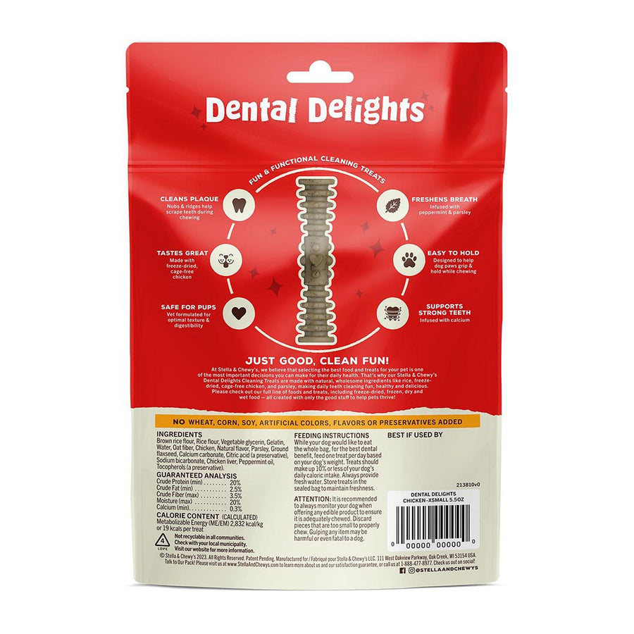 Back pouch of Stella & Chewy's X-Small Dental Delights Chicken & Parsley Flavor Dog Treats