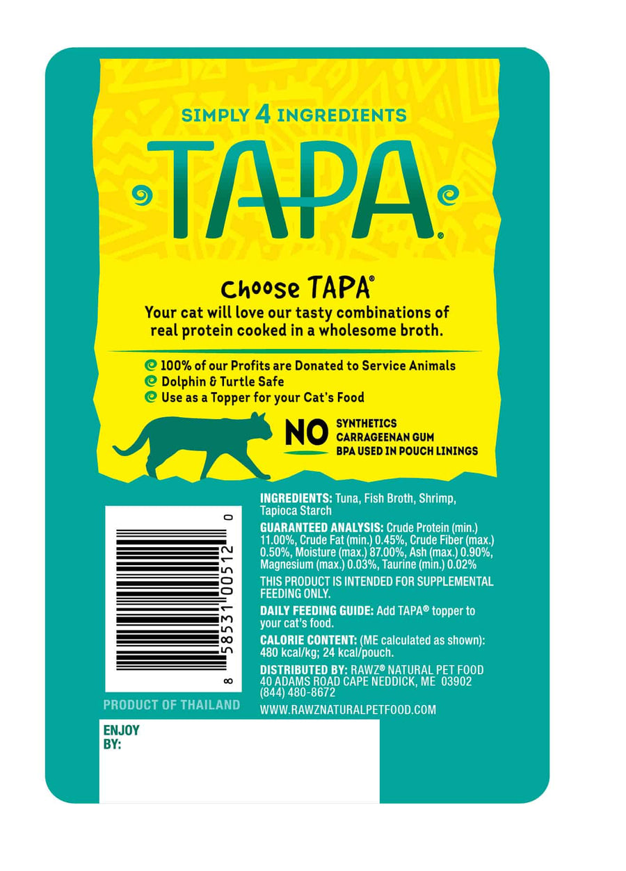 Back pouch of Tapa Tuna & Shrimp Recipe Cat Food