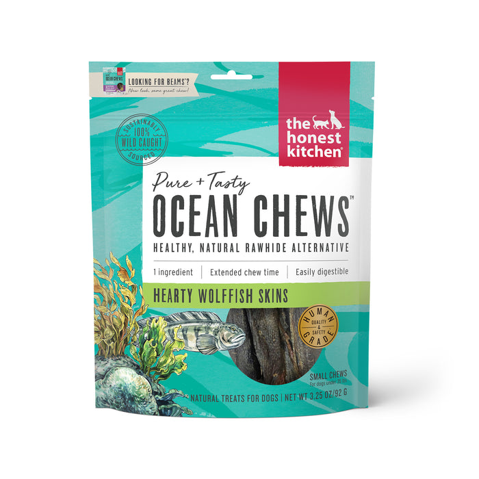The Healthy Kitchen Ocean Chews Hearty Wolffish Skins Beams front of bag.