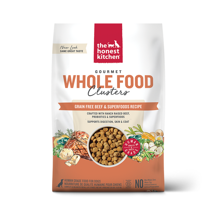 The Honest Kitchen Grain Free Beef Recipe Clusters for Dogs front of bag.