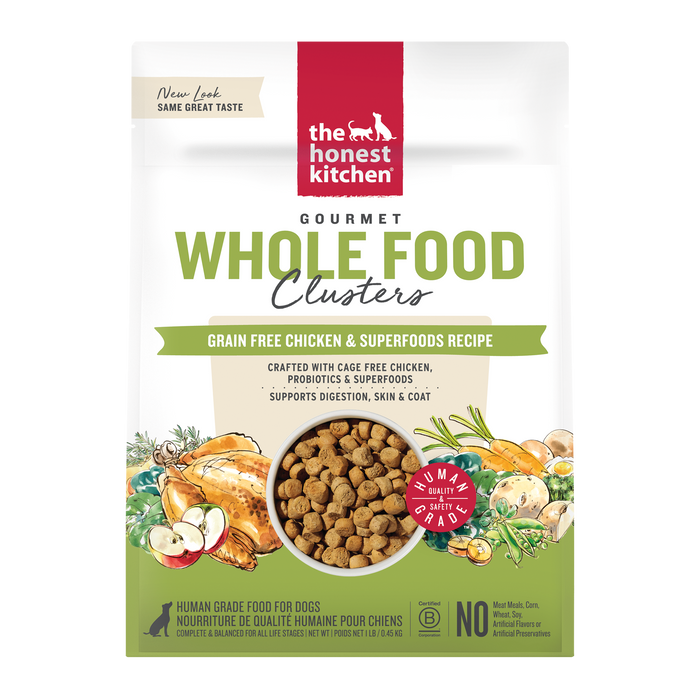 The Honest Kitchen Grain Free Chicken Recipe Custers front of bag.