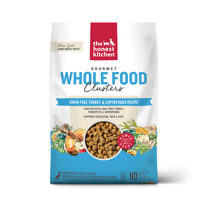 The Honest Kitchen Grain Free Turkey Recipe Clusters for Dogs front of bag