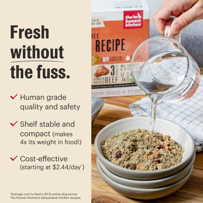 Fresh without the fuss.
*Human grade quality and safety
*Shelf stable and compact (makes 4x its weight in food!)
*Cost-effective (starting at $2.44/day)