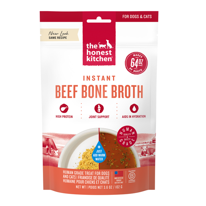 The Honest Kitchen Instant Beef Bone Broth with Turmeric front of bag.
