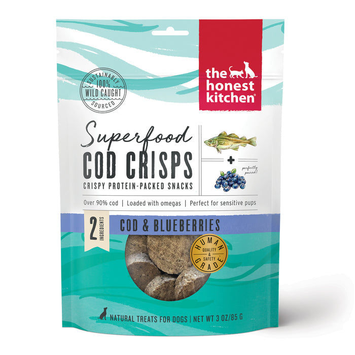 The Honest Kitchen SuperFood Cod Crisps Cod and Blueberry front of bag.