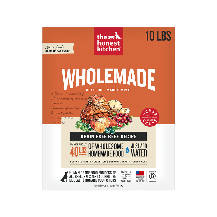 The Honest Kitchen Wholemade Grain Free Beef 10LBS front of bag.