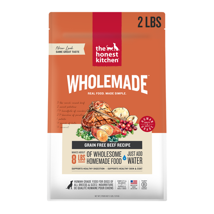 The Honest Kitchen Wholemade Grain Free Beef 2LBS front of bag.