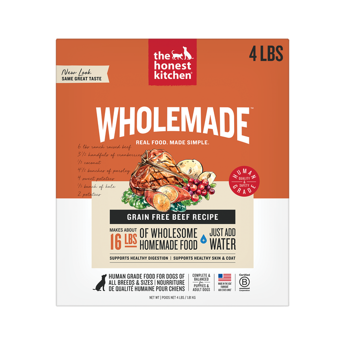 The Honest Kitchen Wholemade Grain Free Beef 4LBS front of bag.
