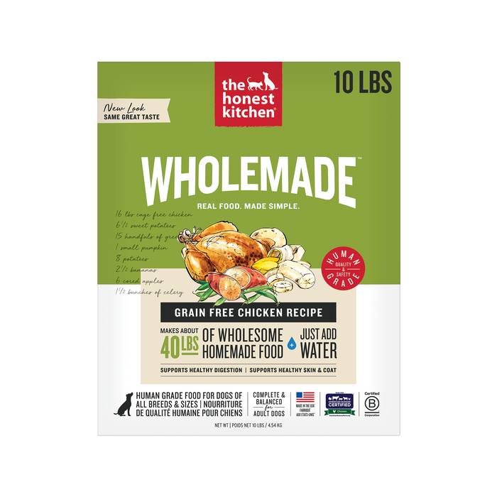 The Honest Kitchen Wholemade Grain Free Chicken 10LBS front of bag.