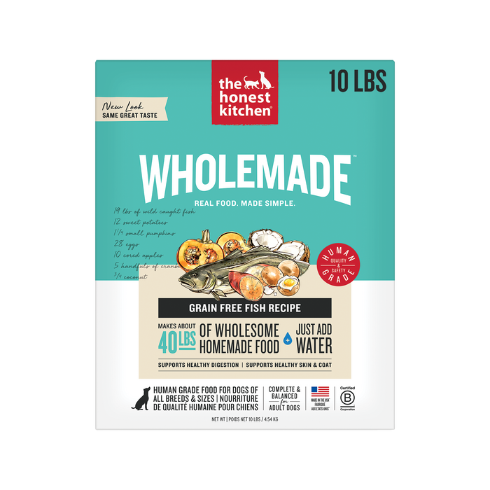The Honest Kitchen Wholemade Grain Free Fish 10LBS front of bag.