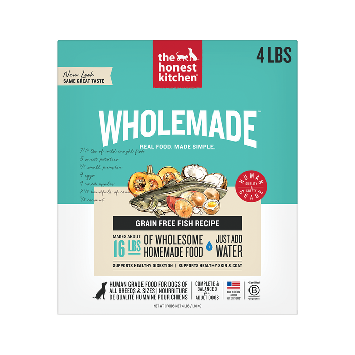 The Honest Kitchen Wholemade Grain Free Fish 4LBS front of bag.