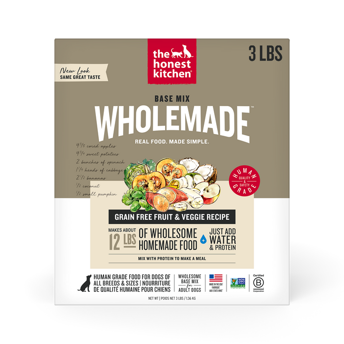 The Honest Kitchen Wholemade Grain Free Fruit Veggie Base Mix 3LBS front of bag.