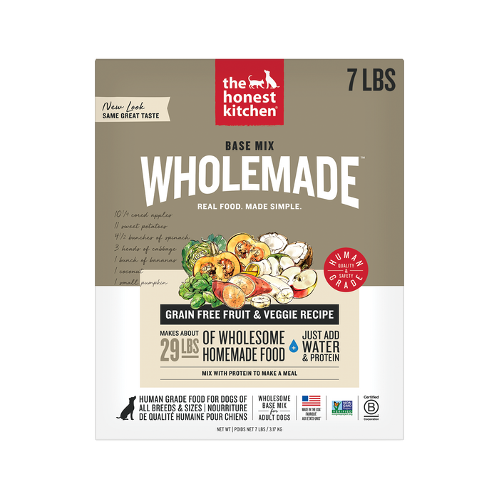 The Honest Kitchen Wholemade Grain Free Fruit & Veggie Base Mix 7LBS front of bag.