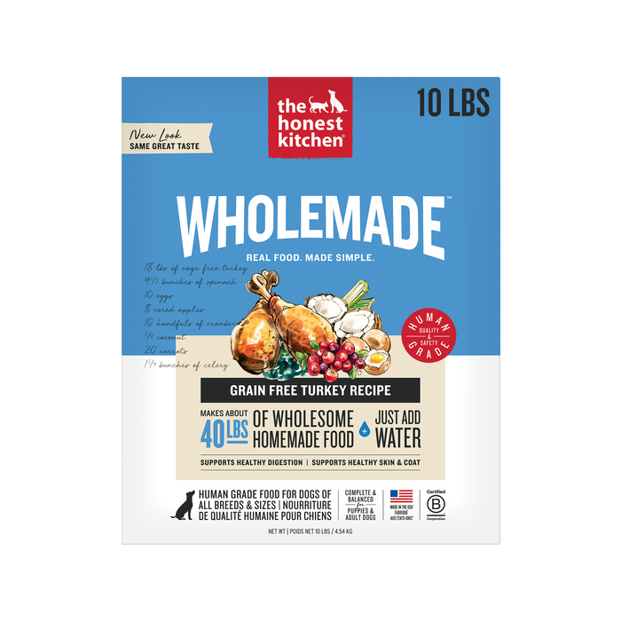 The Honest Kitchen Wholemade Grain Free Turkey 10LBS front of bag.