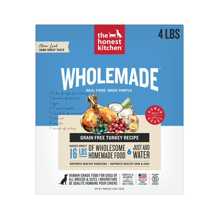 The Honest Kitchen Wholemade Grain Free Turkey 4LBS front of bag.