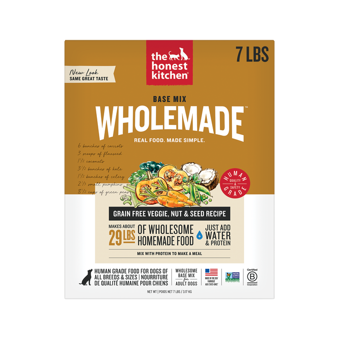 The Honest Kitchen Wholemade Grain Free Veggie Nut & Seed Base Mix 7LBS front of bag.