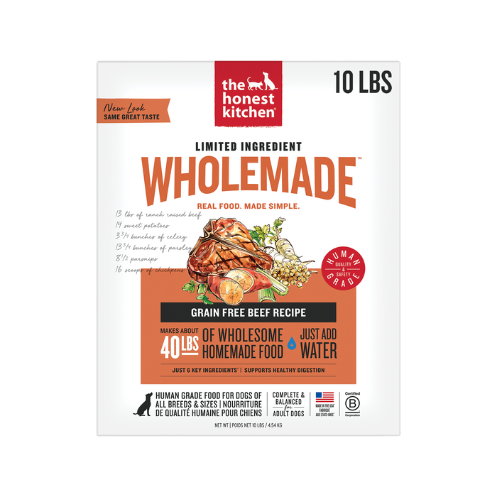 The Honest Kitchen Wholemade Limited Ingredient Beef front of bag.