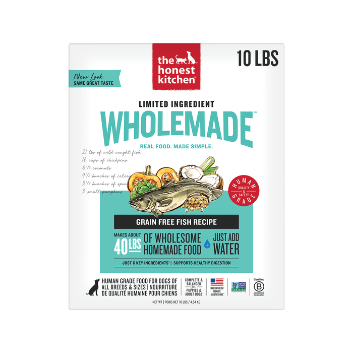 The Honest Kitchen Wholemade Limited Ingredient Fish 10LBS front of bag.