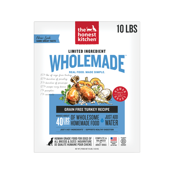 The Honest Kitchen Wholemade Limited Ingredient Turkey 10LBS front of bag.