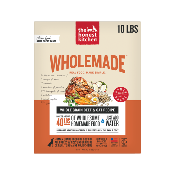 The Honest Kitchen Wholemade Whole Grain Beef & Oat 10LBS front of bag.