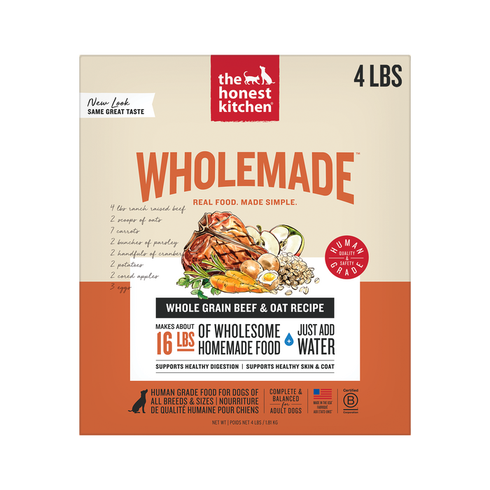 The Honest Kitchen Wholemade Whole Grain Beef & Oat 4LBS front of bag.