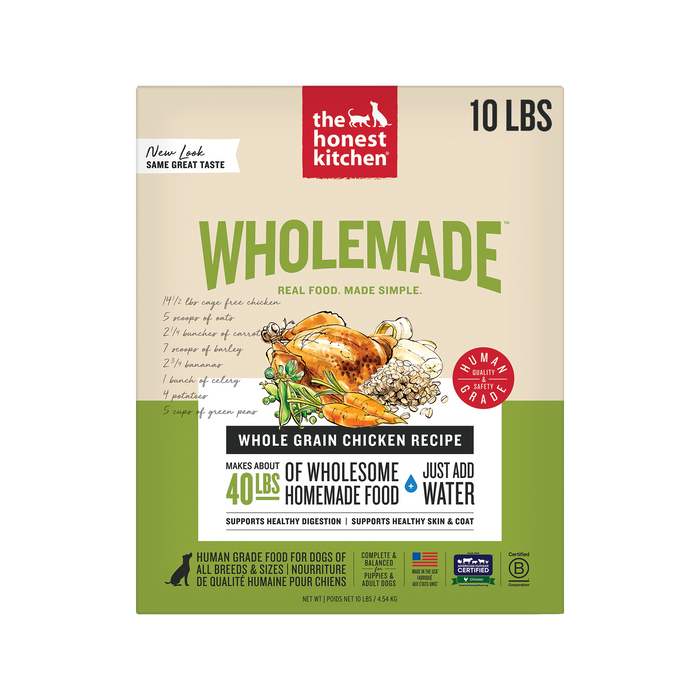 The Honest Kitchen Wholemade Whole Grain Chicken 10LBS front of bag.