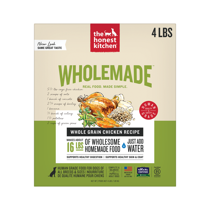 The Honest Kitchen Wholemade Whole Grain Chicken 4LBS front of bag.