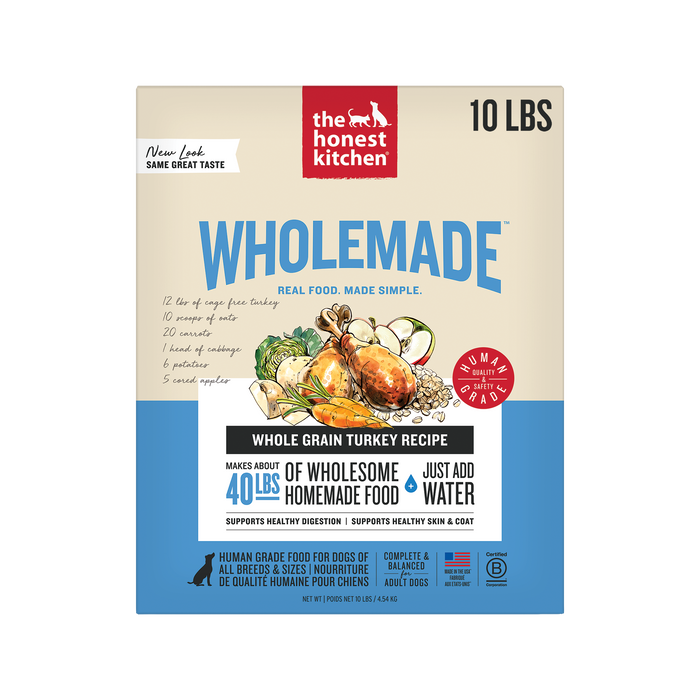 The Honest Kitchen Wholemade Whole Grain Turkey 10LBS front of bag.