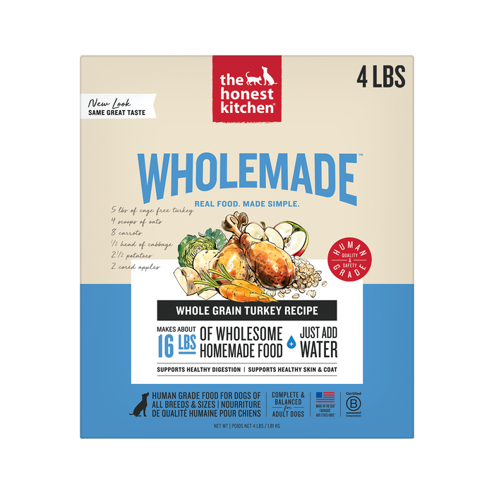 The Honest Kitchen Wholemade Whole Grain Turkey 4LBS front of bag.