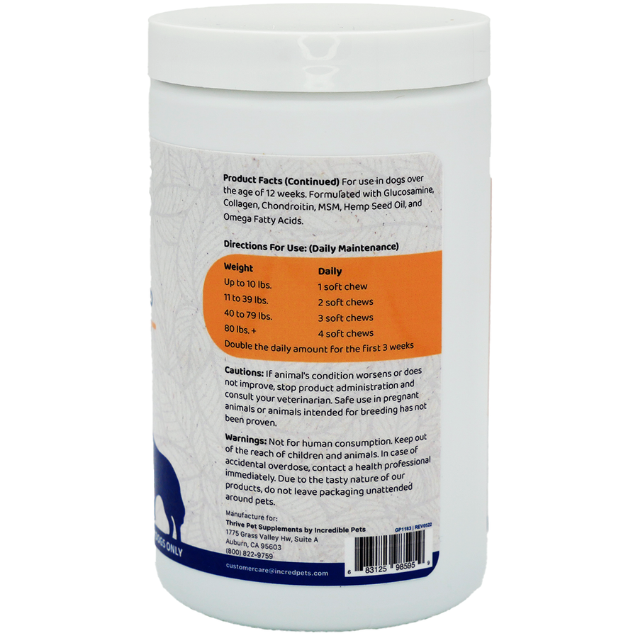 Thrive Hemp Joint Soft Chews for Dogs, back of bottle showing product facts and feeding directions