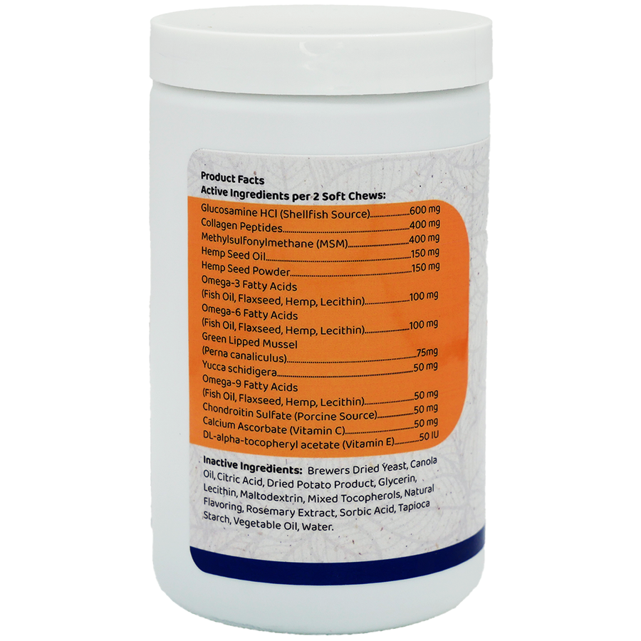 Back of bottle showing product facts and feeding directions of Thrive Pet Hemp Joint Health ADV 60CT