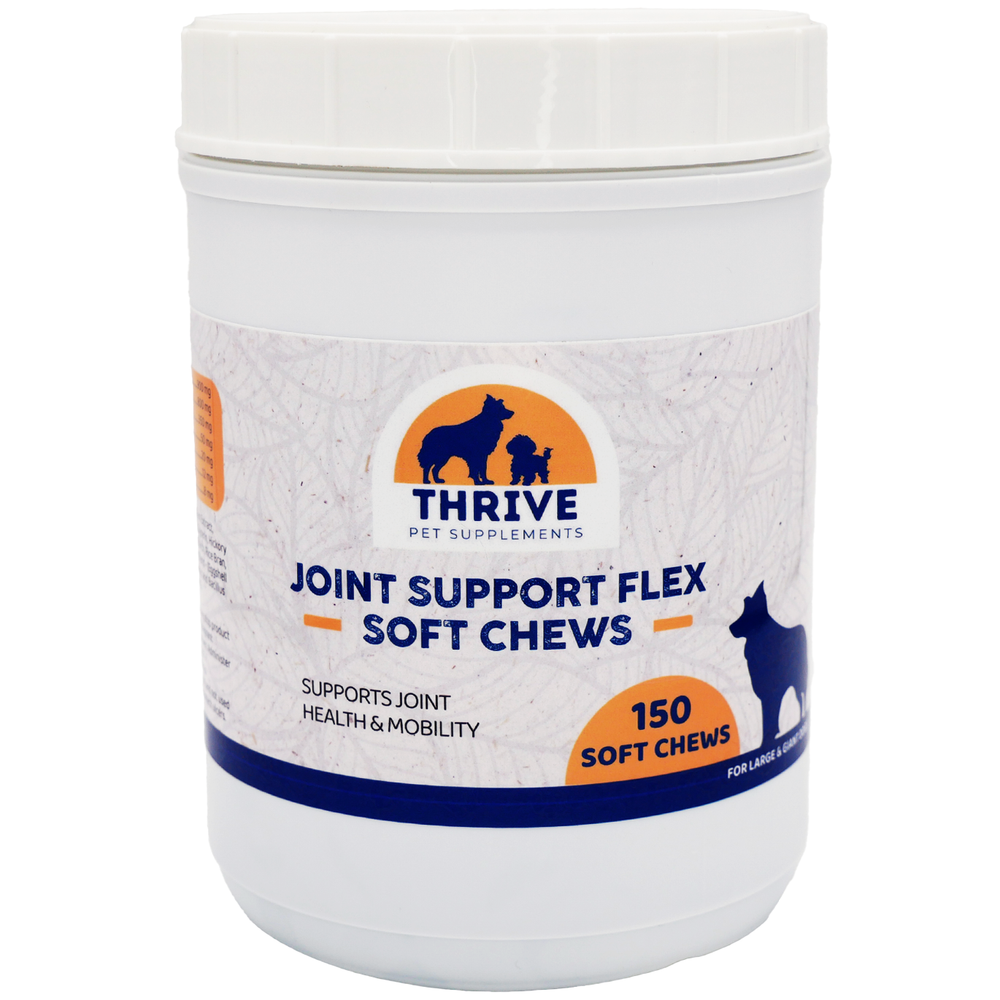 Front plastic bottle of Thrive Pet Joint Support Chew LGXL 150CT