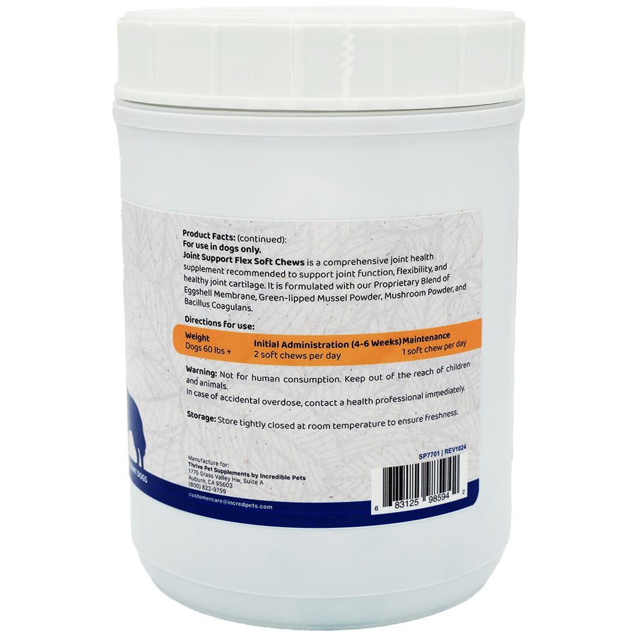 Thrive Pet Joint Support Chew LGXL 150CT showing Product Facts and Directions for Use