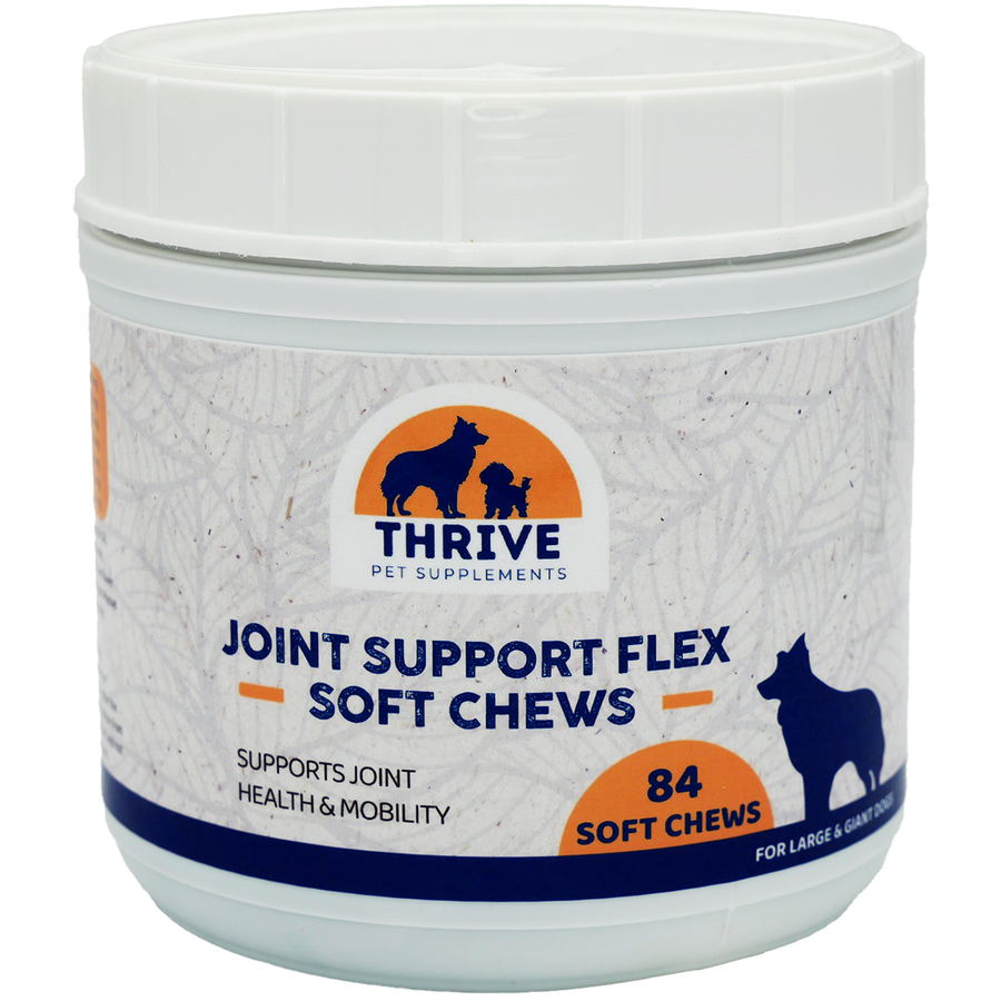 Front Plastic Bottle of Thrive Pet Supplements Joint Support Flex Soft Chews for Large & Giant Dogs 84 sc