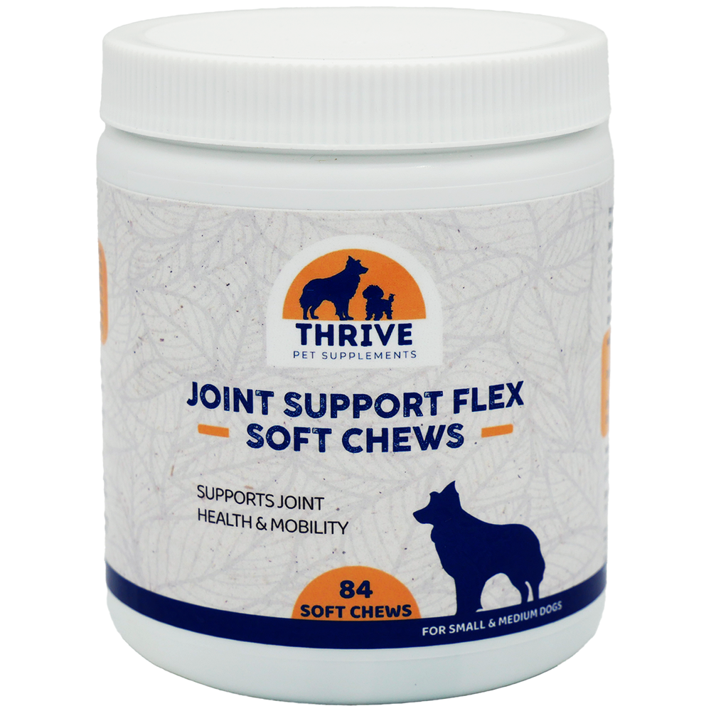 Front plastic bottle of Thrive Pet Supplements Joint Support Flex Soft Chews for Small & Medium Dogs 84 CT