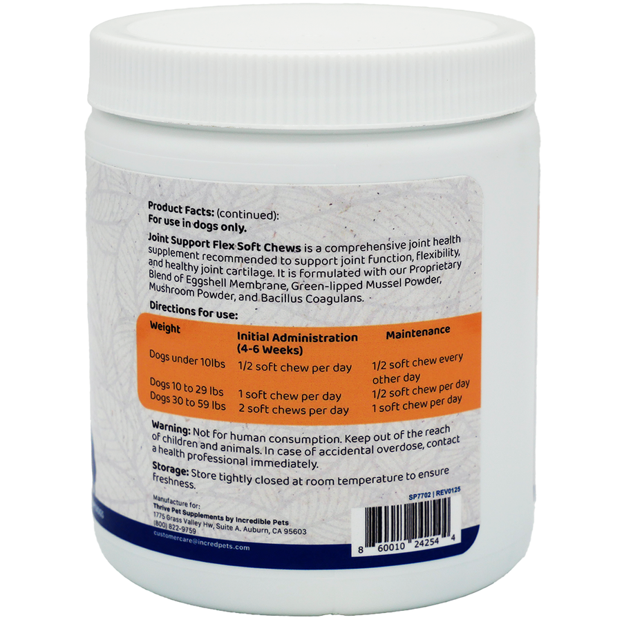 Product Facts, Storage and Directions for Use of Thrive Pet Supplements Joint Support Flex Soft Chews for Small & Medium Dogs 84 CT