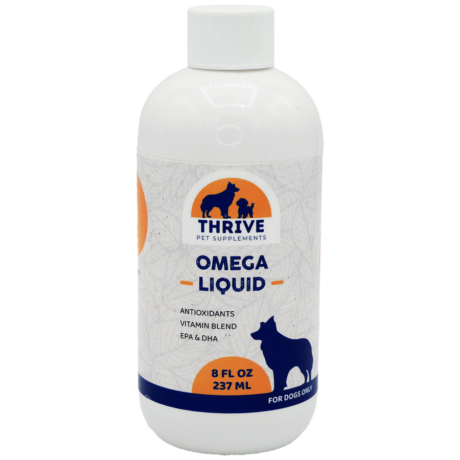 Front bottle of Thrive Pet Supplements Omega Liquid Fish Oil for Dogs 8oz
